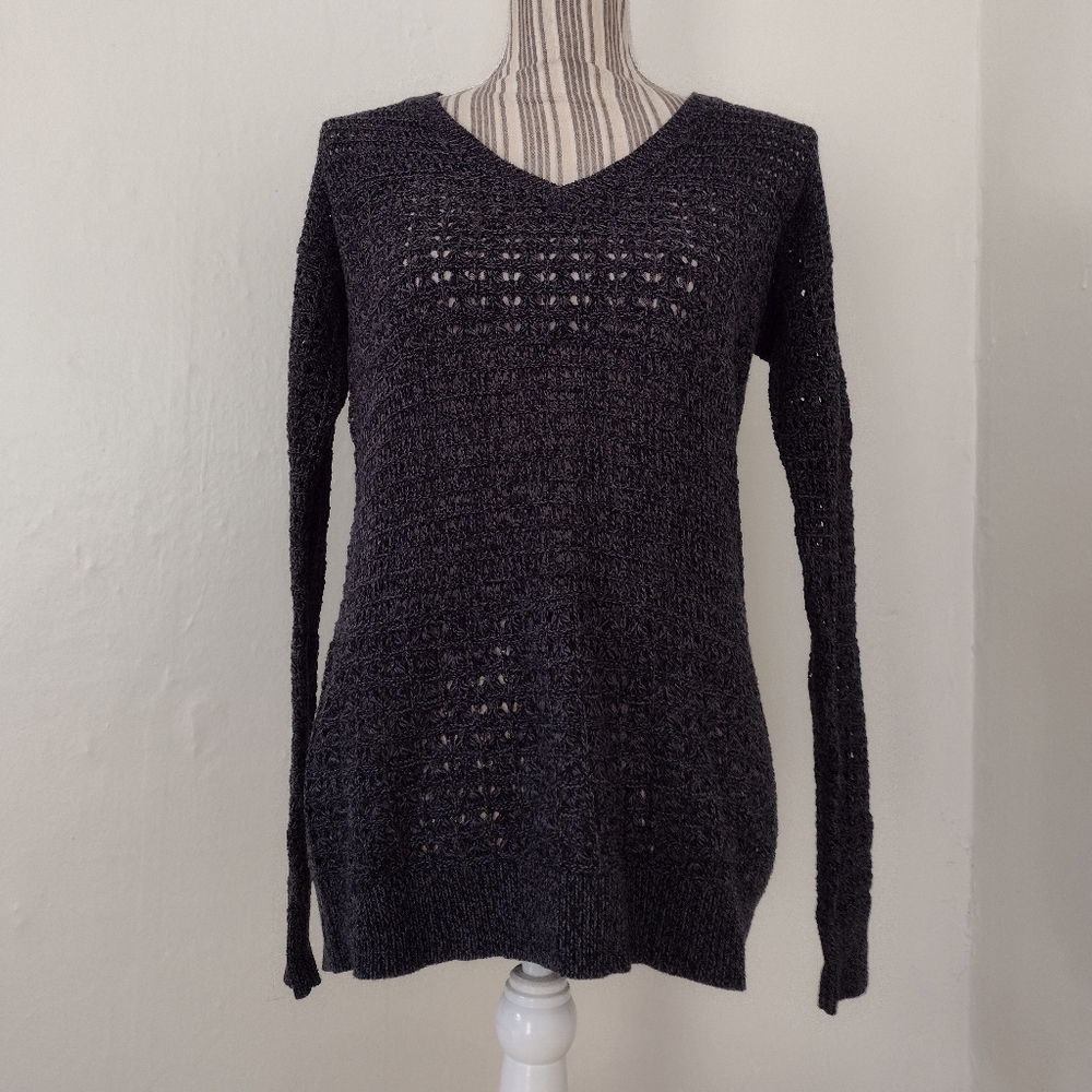 DKNY Jeans Charcoal Crochet Crochet Knit V-neck Pullover Sweater Size S-M